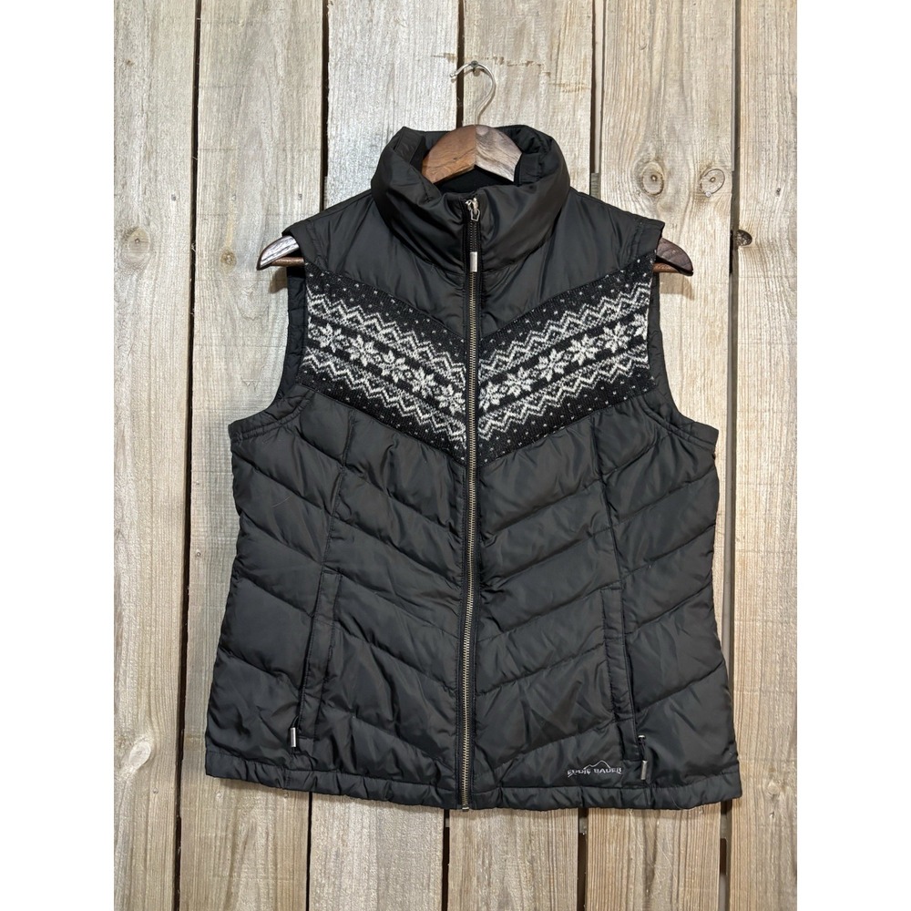 Eddie Bauer Premium Goose Down Vest Womens M Fair Isle Knit Yoke Black